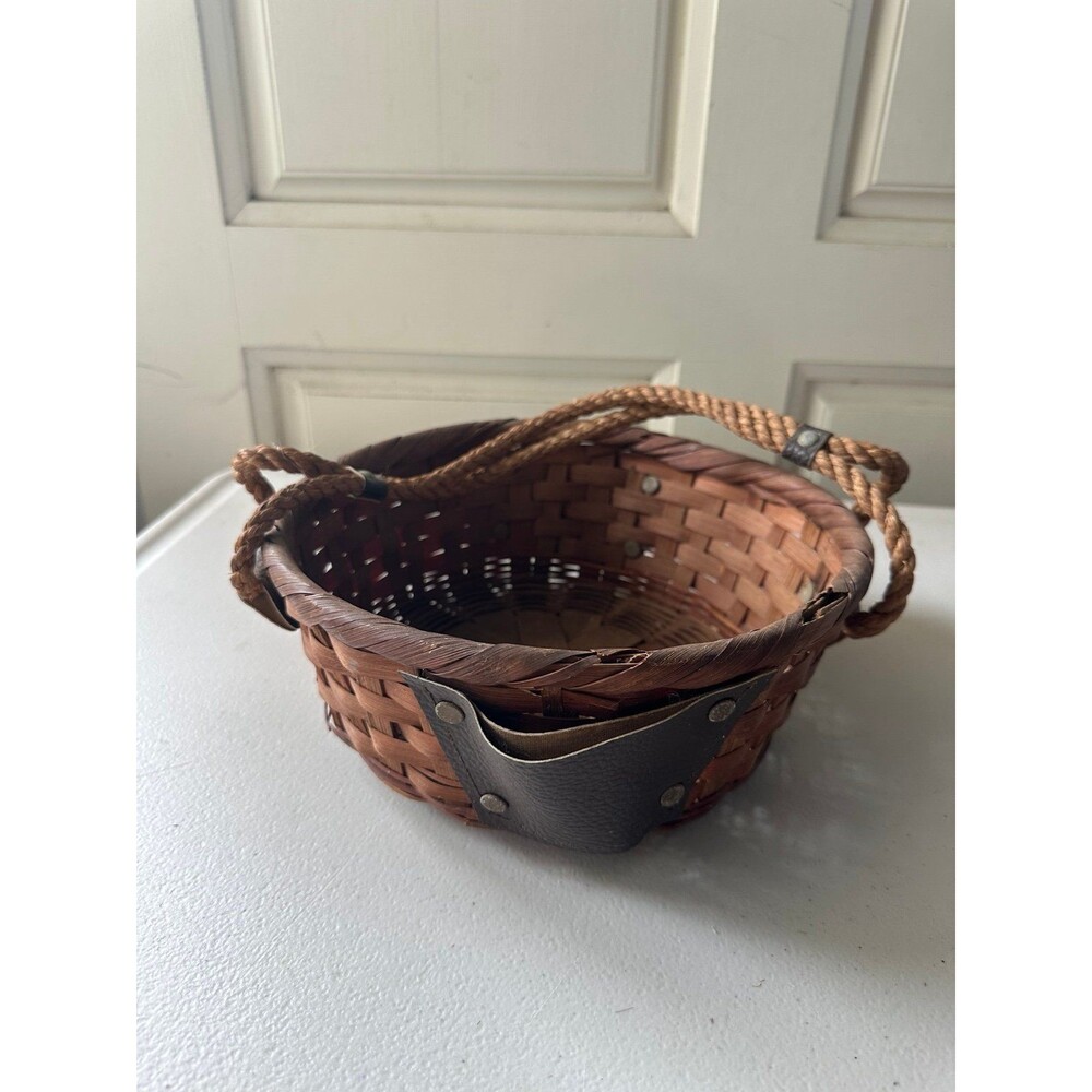 Vintage 50s Mid Century Japanese Wicker Leather Sewing Caddy Rope Handle Basket